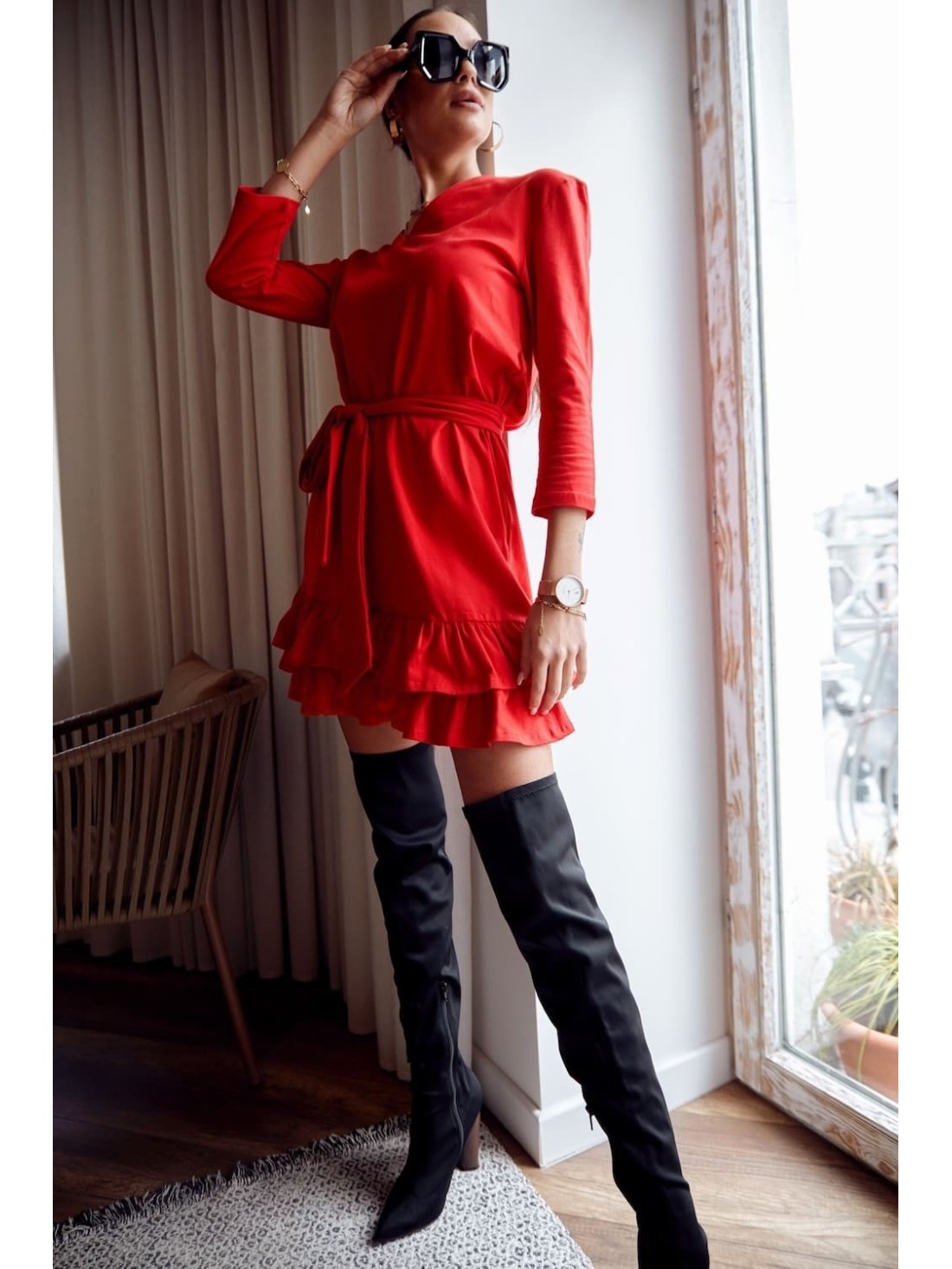 Smooth dress with ruffles and a belt, red FK614 - Online store - Boutique